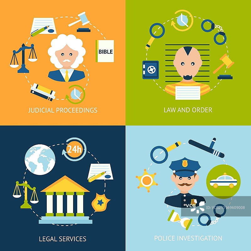 法律秩序司法程序法律服务警察调查信息图设计元素矢量插图扁平图标集图片素材