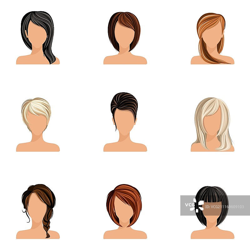 发型各异的年轻女性头像矢量图图片素材