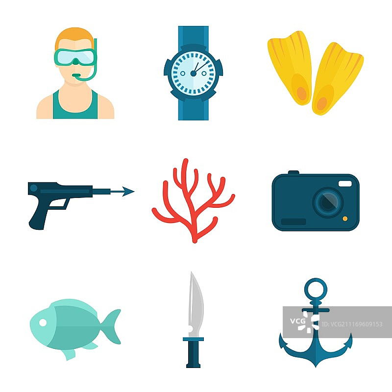 潜水装备扁平图标合集矢量插画：潜水表、脚蹼图片素材