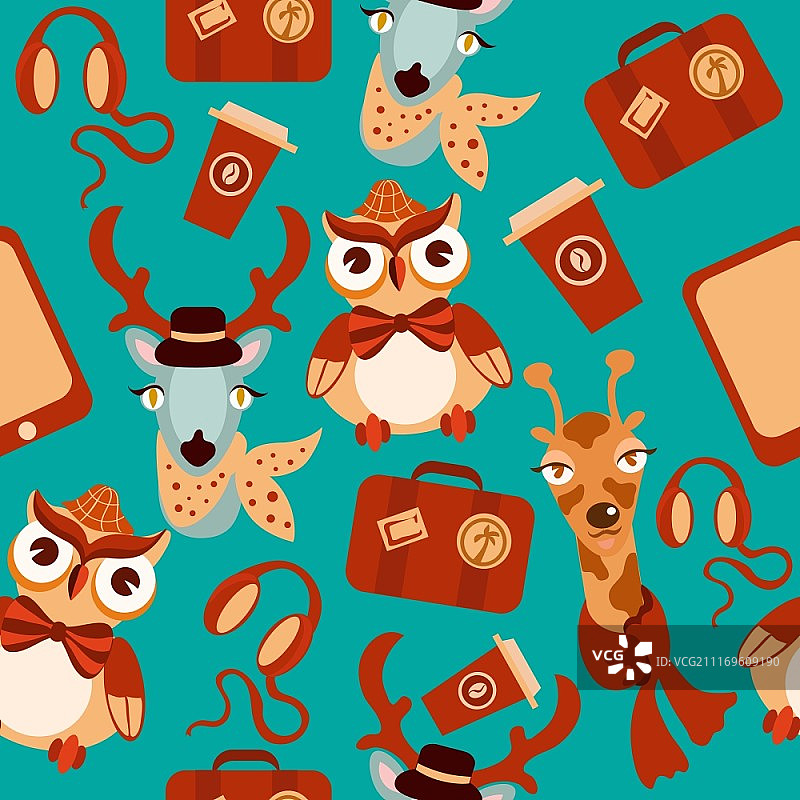 猫头鹰、鹿、长颈鹿矢量图装饰性动物时尚达人无缝背景图片素材