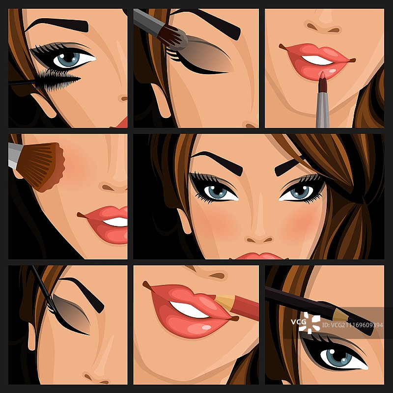 黑色背景上的美妆女性，包含嘴唇、眼睛和面部元素的矢量插画图片素材