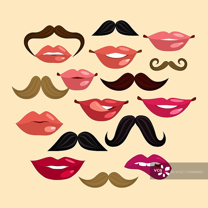 嬉皮士复古风格的嘴唇、胡子、微笑女人图片素材