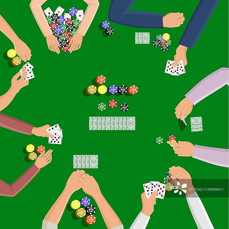 人们在绿色桌子上玩扑克游戏，手和卡片矢量图图片素材