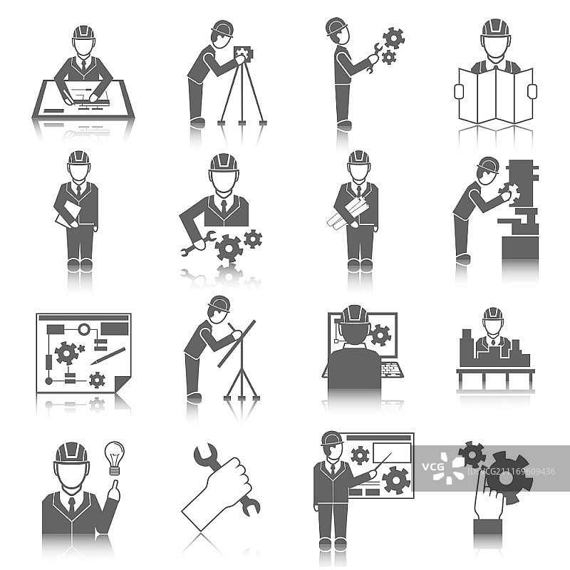 灰色建筑行业工程师图标集矢量插画图片素材