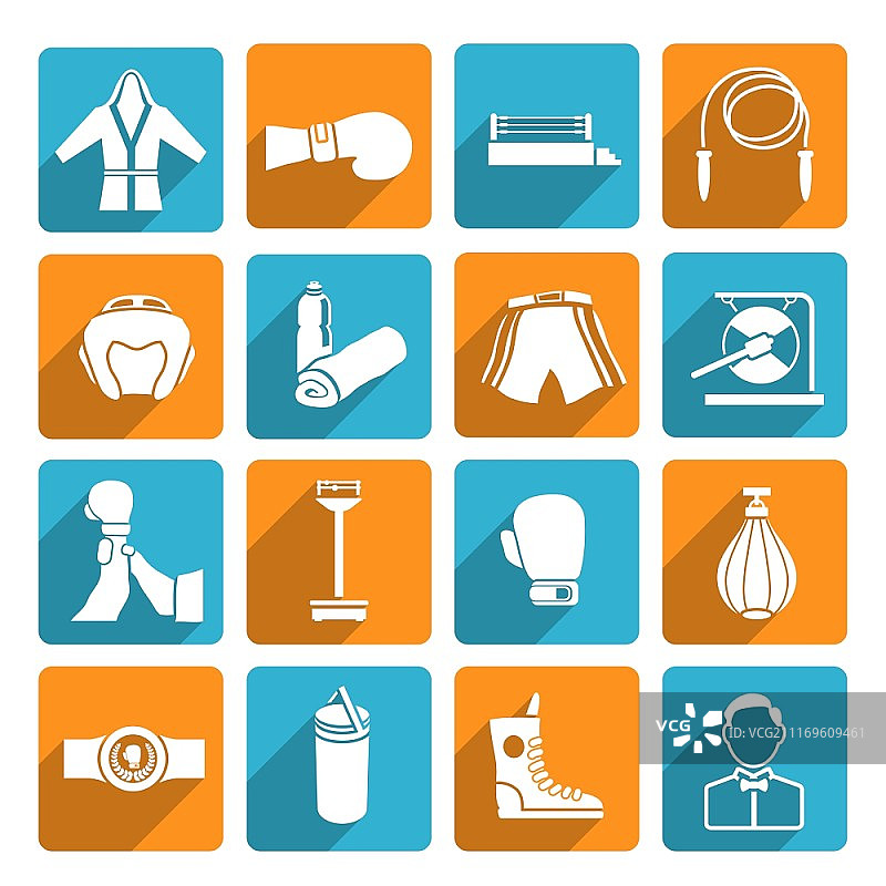 拳击获胜者裁判设备白色砝码图标彩色方块矢量图图片素材