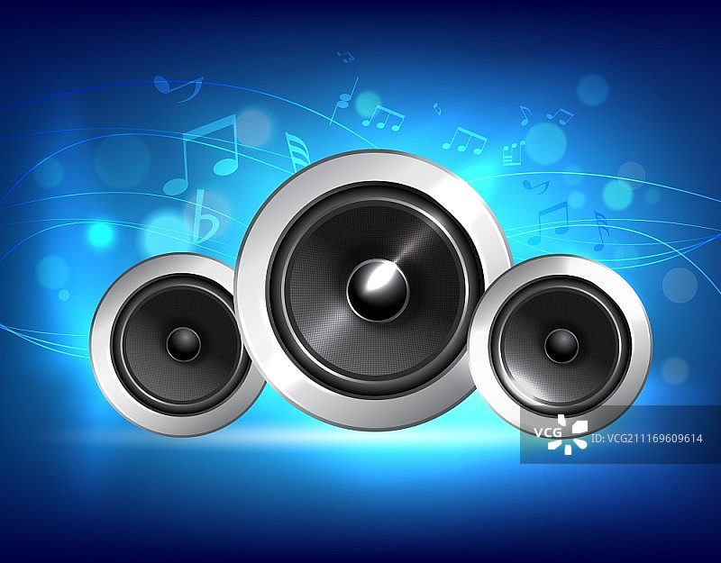 蓝色音乐背景上的低音炮系统矢量插画图片素材