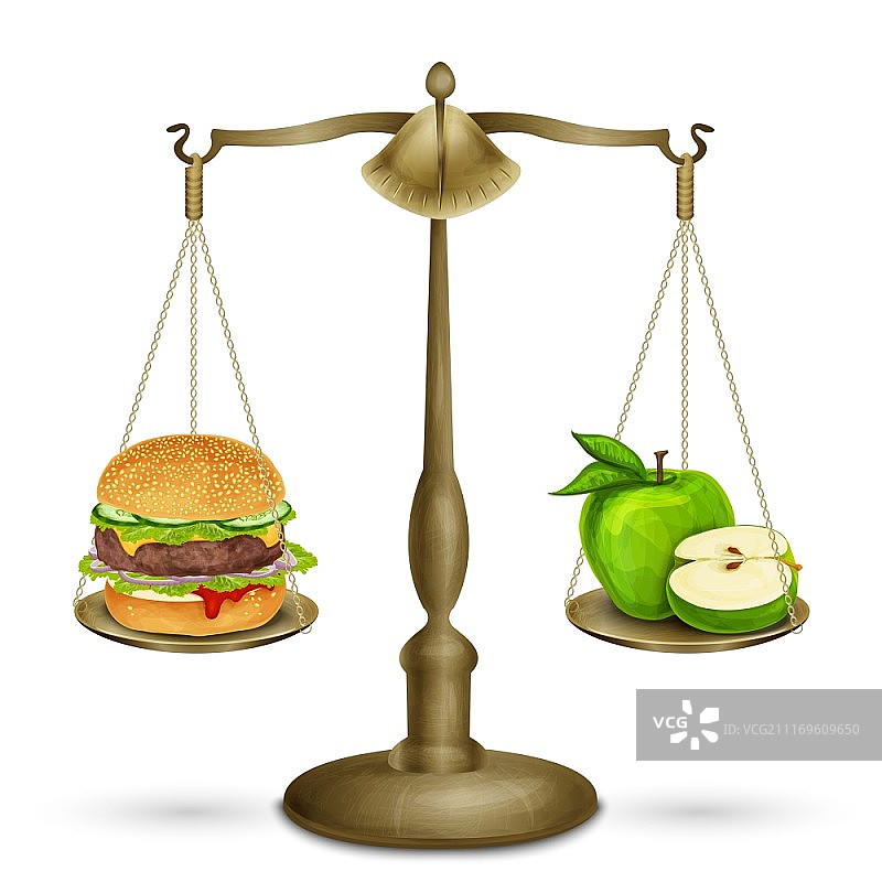 体重秤上的汉堡包和苹果：健康饮食概念，白色背景矢量图图片素材