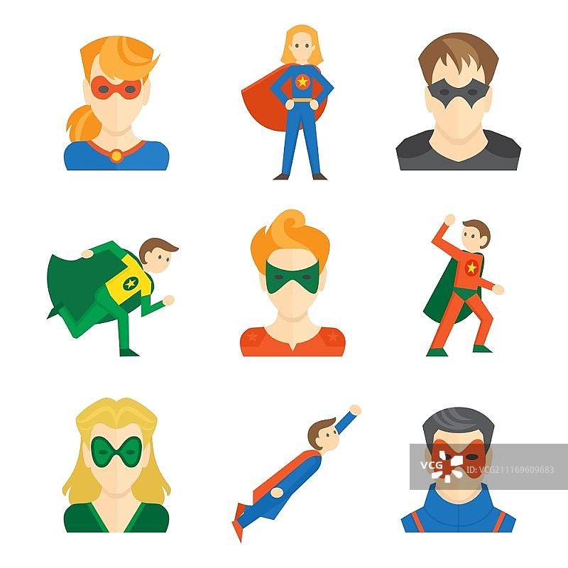 戴面具的超级英雄男孩和女孩头像矢量图图片素材
