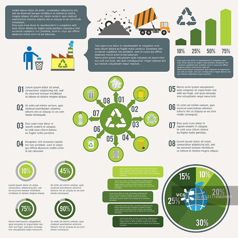 垃圾回收信息图元素：清洁图标和图表矢量素材图片素材