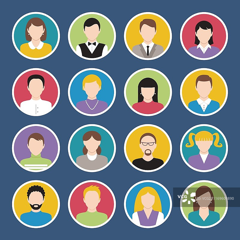 社交网络用户正装和休闲装扮头像图标集合圆形抽象隔离矢量插图图片素材