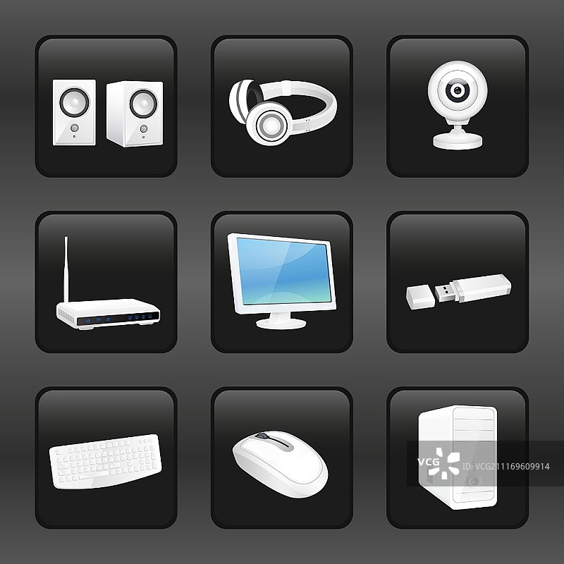 电脑及配件图标集：耳机、相机、路由器等矢量素材图片素材