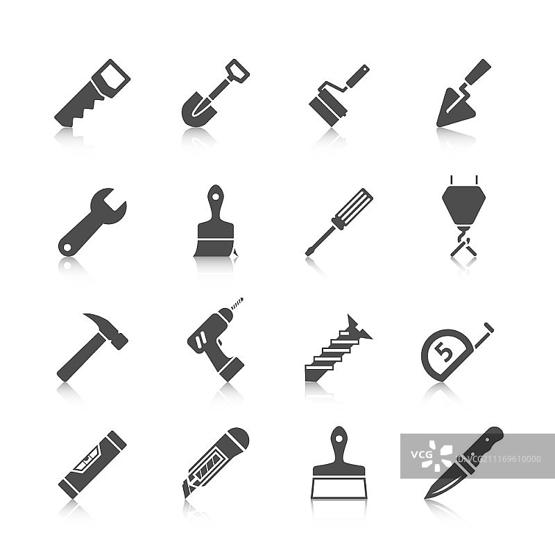 房屋维修工具图案：锤子锯子螺丝刀铲子和钻头黑色矢量图图片素材