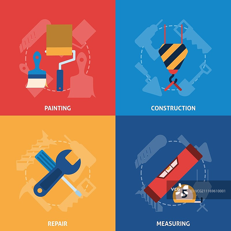 房屋维修油漆刷建筑工具卷尺扁平图标设计抽象矢量素材图片素材