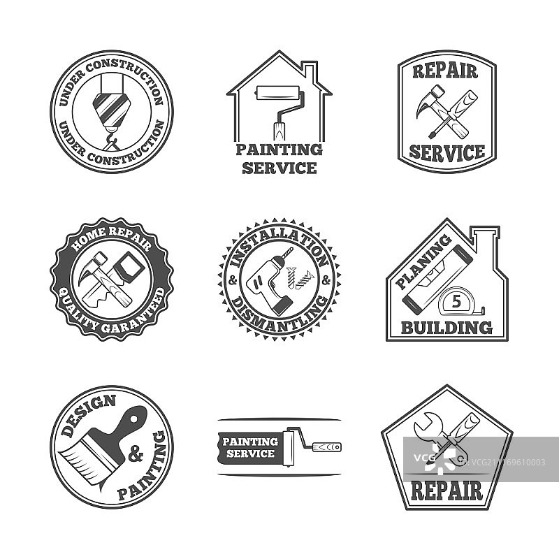 房屋维修喷涂服务质量建筑安装设计标签，带有黑色工具图标，隔离矢量图图片素材