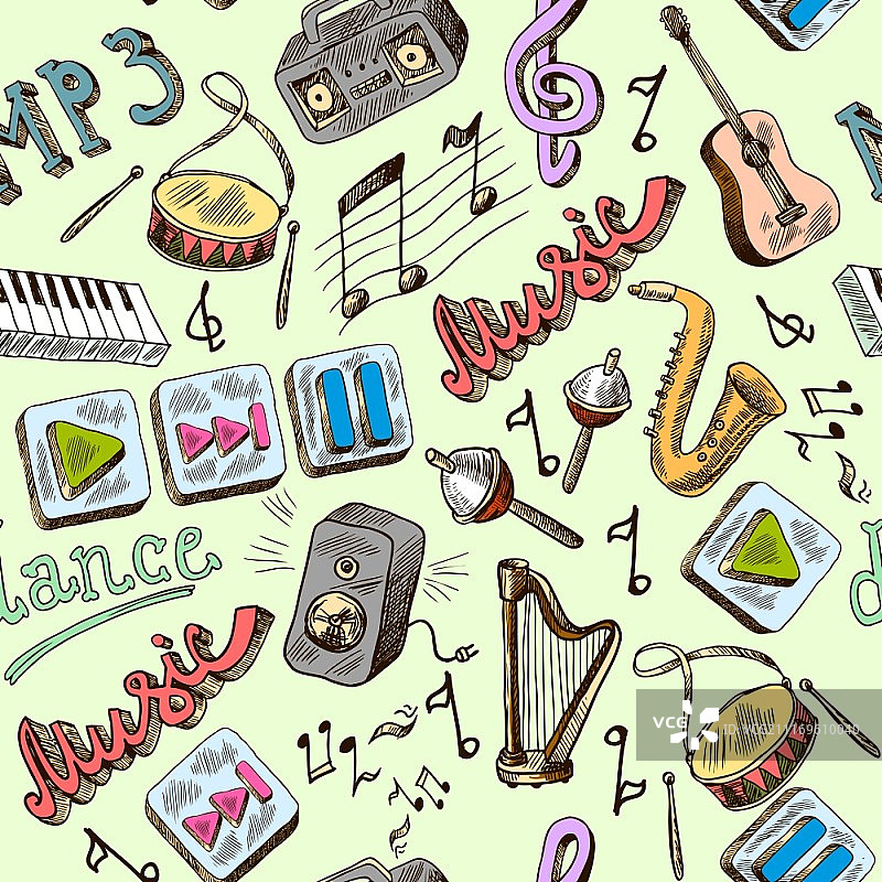 带有钢琴播放/暂停彩色图标的音乐涂鸦无缝图案矢量图图片素材