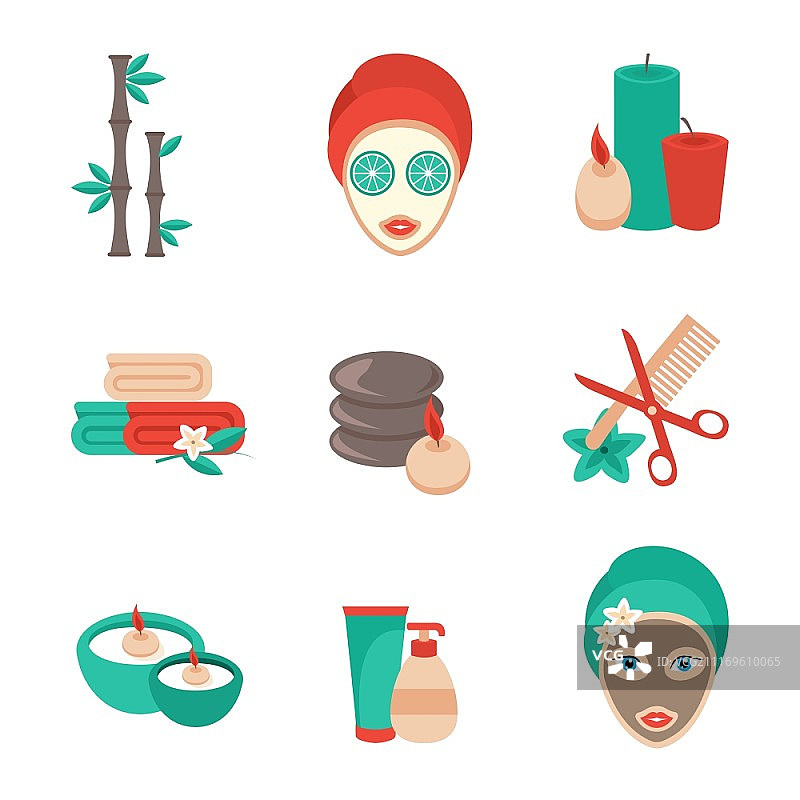 SPA护理保健足部和热石按摩扁平图标矢量图图片素材