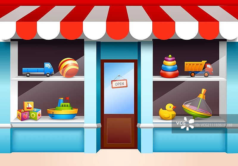 商店橱窗货架上的塑料儿童玩具套装矢量图图片素材