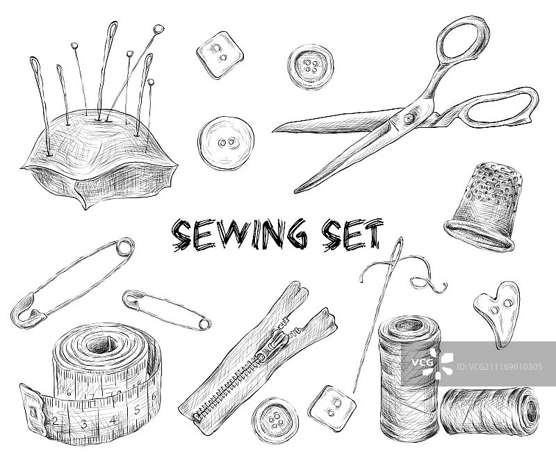 缝纫草图，包含缝纫工具、针线和刺绣配件的矢量图图片素材