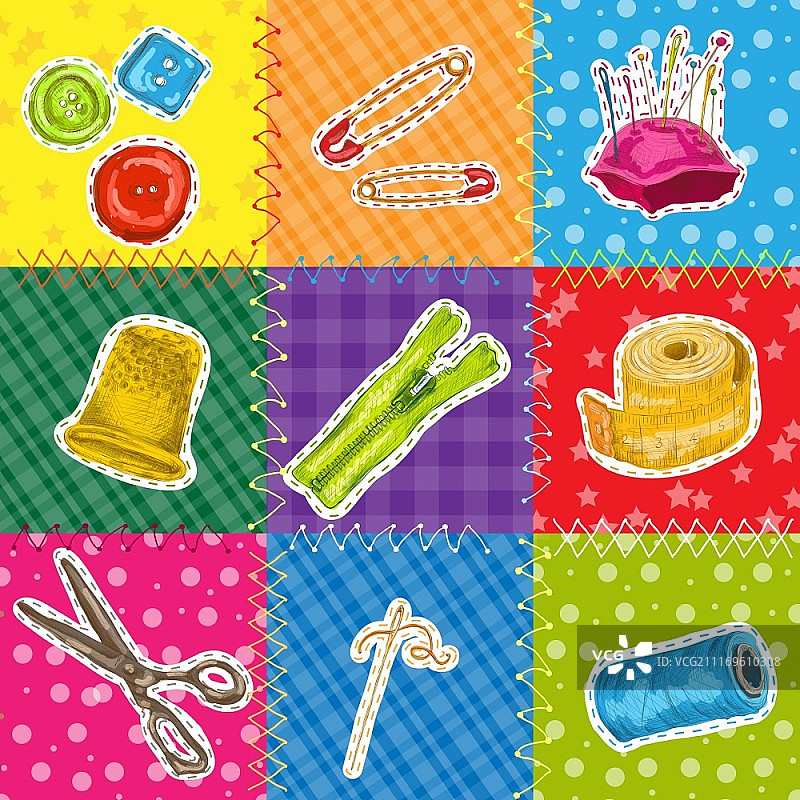 缝纫拼布草图：包含针线工具的矢量素材图片素材