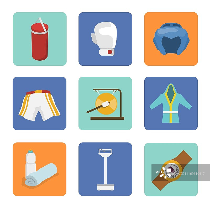 拳击手套、沙袋、设备和重量图标的扁平风格矢量图图片素材