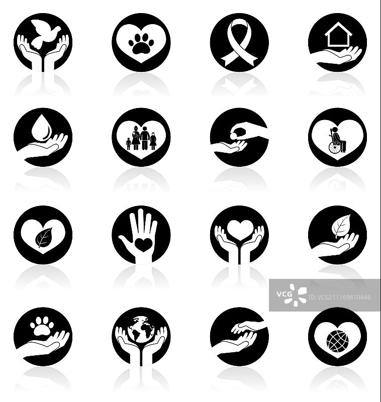 慈善捐赠社会服务标志和志愿者黑色图标集图片素材