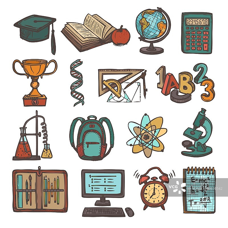 复古学校教育彩色草图图标集图片素材