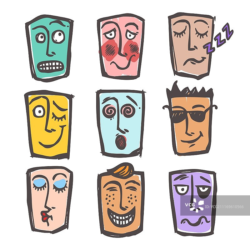 表情符号面部表情和情绪彩色图标集：酷、害怕、大笑的男人独立矢量图图片素材