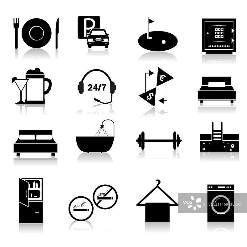 酒店设施与客房服务图标（含酒精冰箱、洗衣和毛巾黑色矢量图）图片素材
