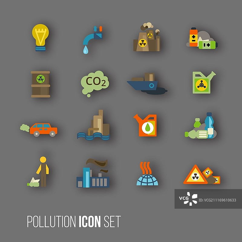 放射性和二氧化碳有毒废物人类活动空气水污染图标集矢量图图片素材