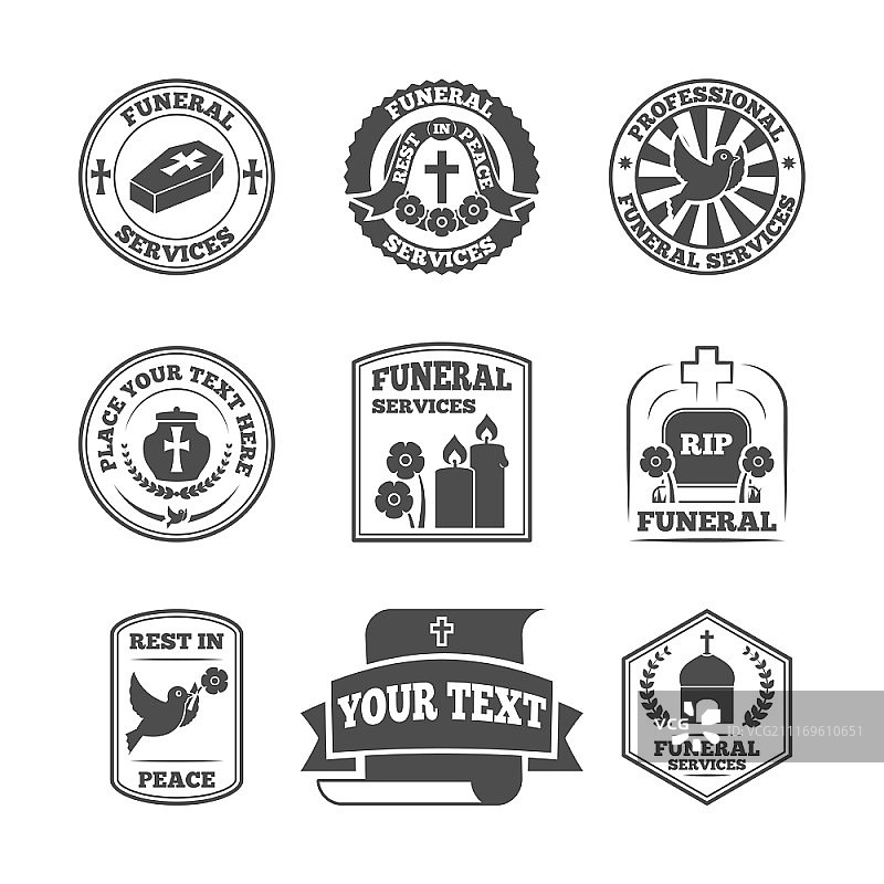 殡仪馆葬礼服务模板标签，含棺材、蜡烛、鸽子矢量图图片素材