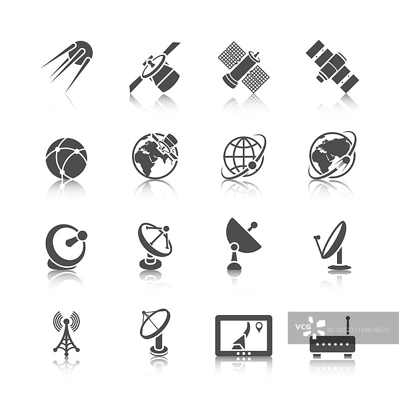 地球轨道空间站和卫星天线数字接收器通信图标黑色抽象隔离矢量图图片素材