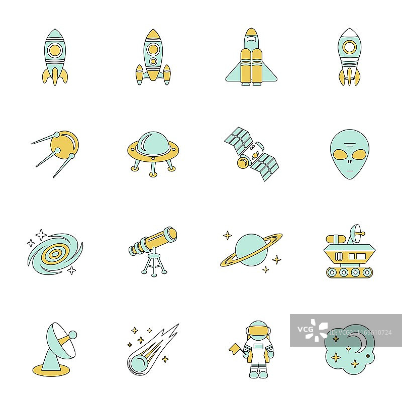 包含月亮星星和空间站的空间线条图标集矢量素材图片素材