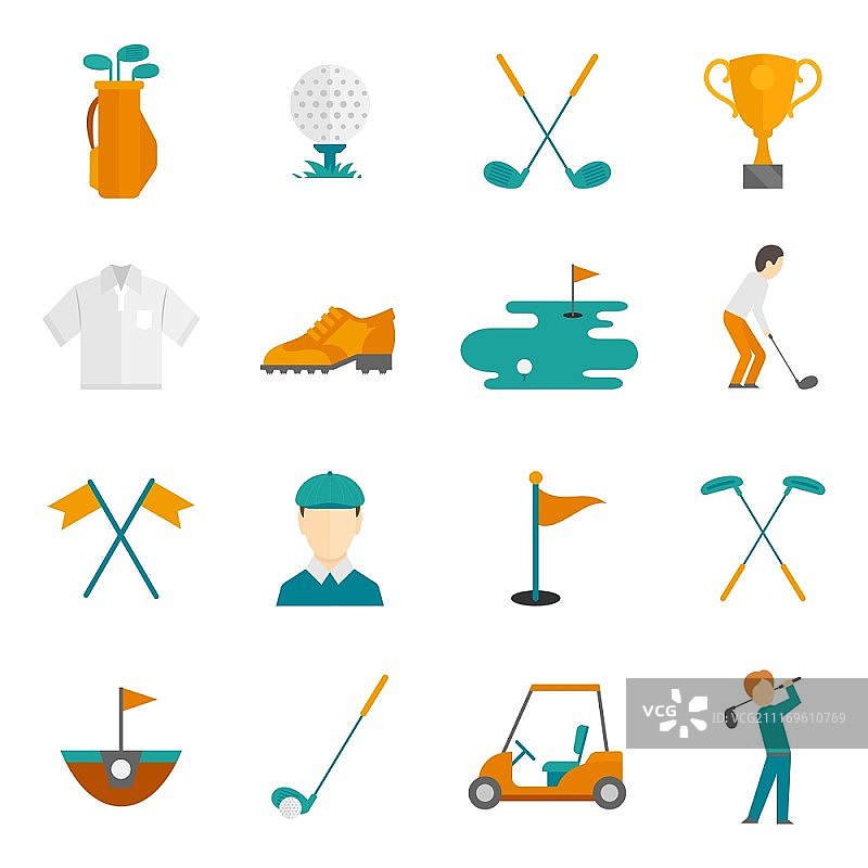 高尔夫球比赛设备和球员扁平图标图片素材