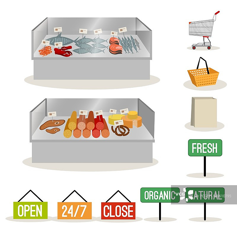 超市肉类和鱼类产品及购物标志矢量插画图片素材