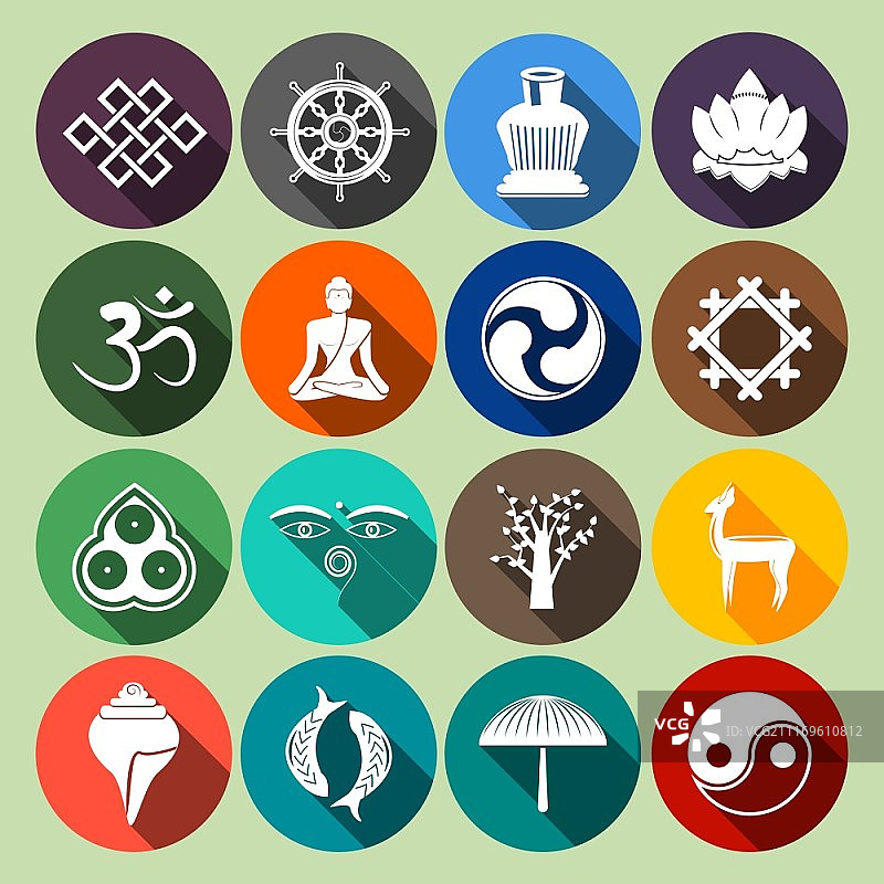 佛教瑜伽东方传统精神印度符号扁平化图标集矢量图图片素材