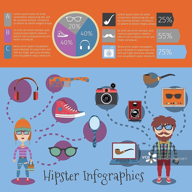 具有极客配件和图表的时髦信息图表套装矢量图图片素材