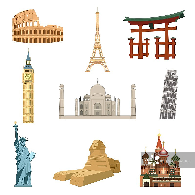 世界著名地标：埃菲尔铁塔、自由女神像、泰姬陵，矢量插画图片素材