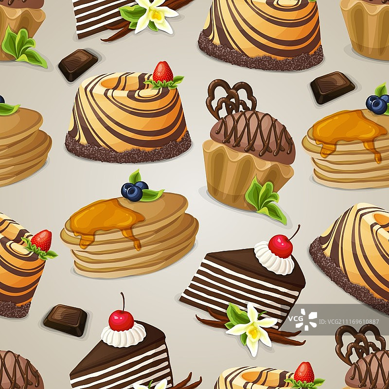 装饰甜点无缝图案：巧克力松饼布丁煎饼矢量图图片素材