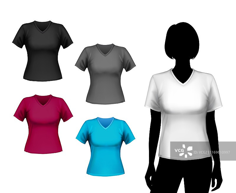 带有女性身体轮廓的彩色V领T恤女装矢量图图片素材