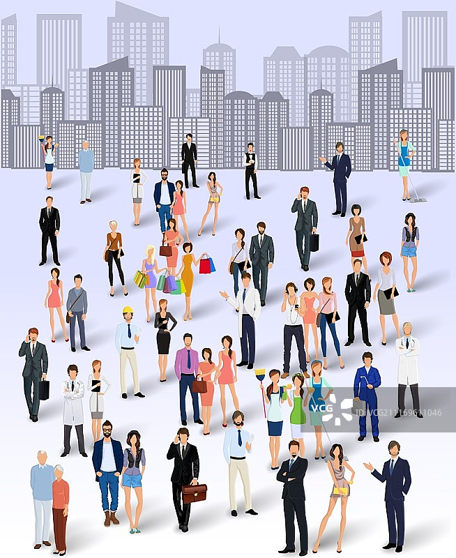 城市天际线背景海报矢量图上的人群图片素材