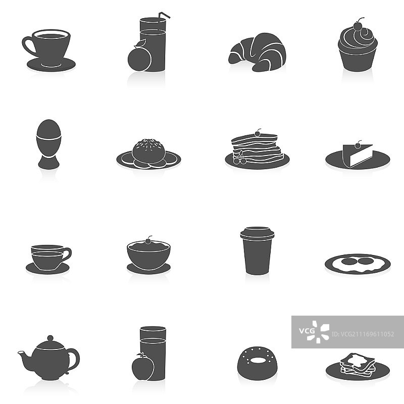 含咖啡、煎饼和油炸面包的美味早餐食品饮料图标图片素材