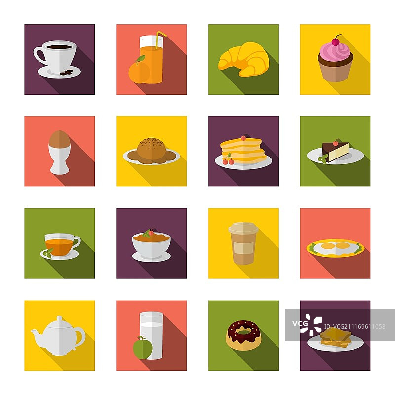 早餐食品和饮料图标扁平集，包括熏肉、鸡蛋、薄烤饼等图片素材