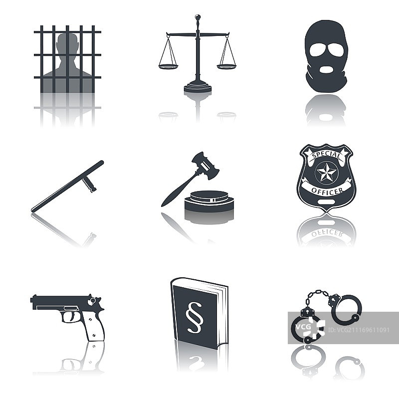 法律、法庭、正义、法官和立法黑色图标集合，包含法槌、法院、监狱等矢量图图片素材