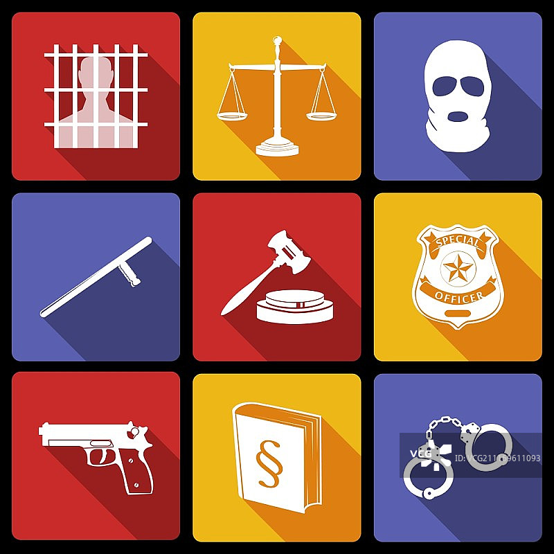 法律图标，包含徽章、法槌、枪支等，扁平风格矢量图图片素材