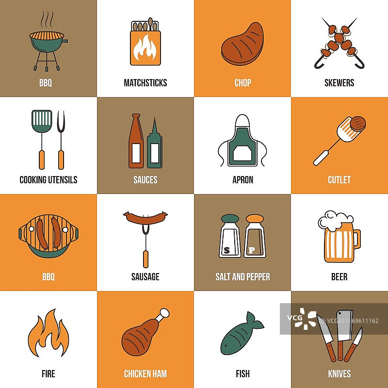 烧烤派对用具扁平图标集，包含啤酒、鸡肉、盐和胡椒粉等矢量素材图片素材