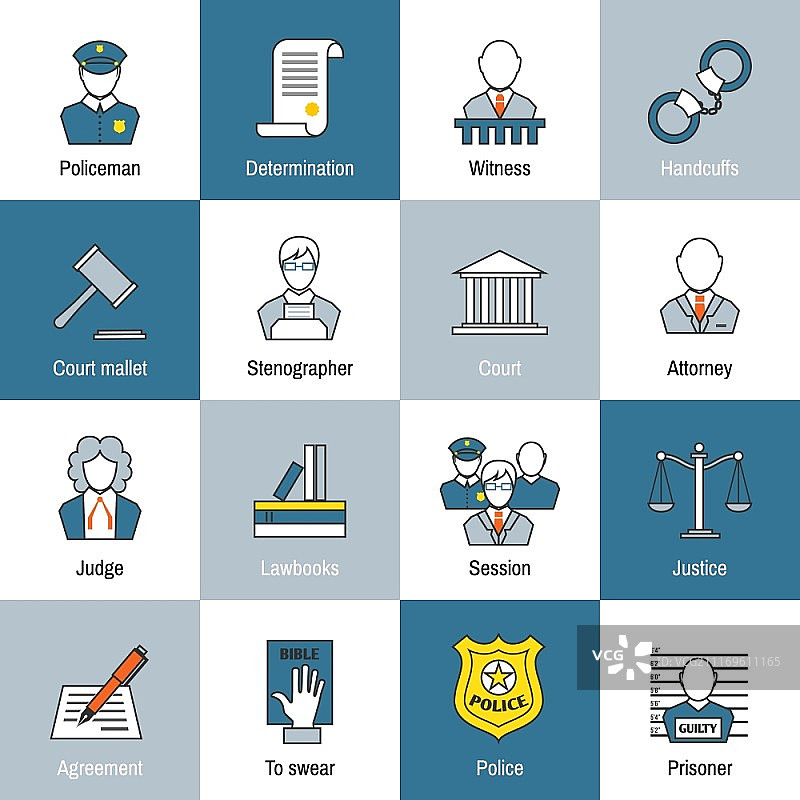 法律、正义与立法：法官、天平、法院和监狱扁平化图标图片素材