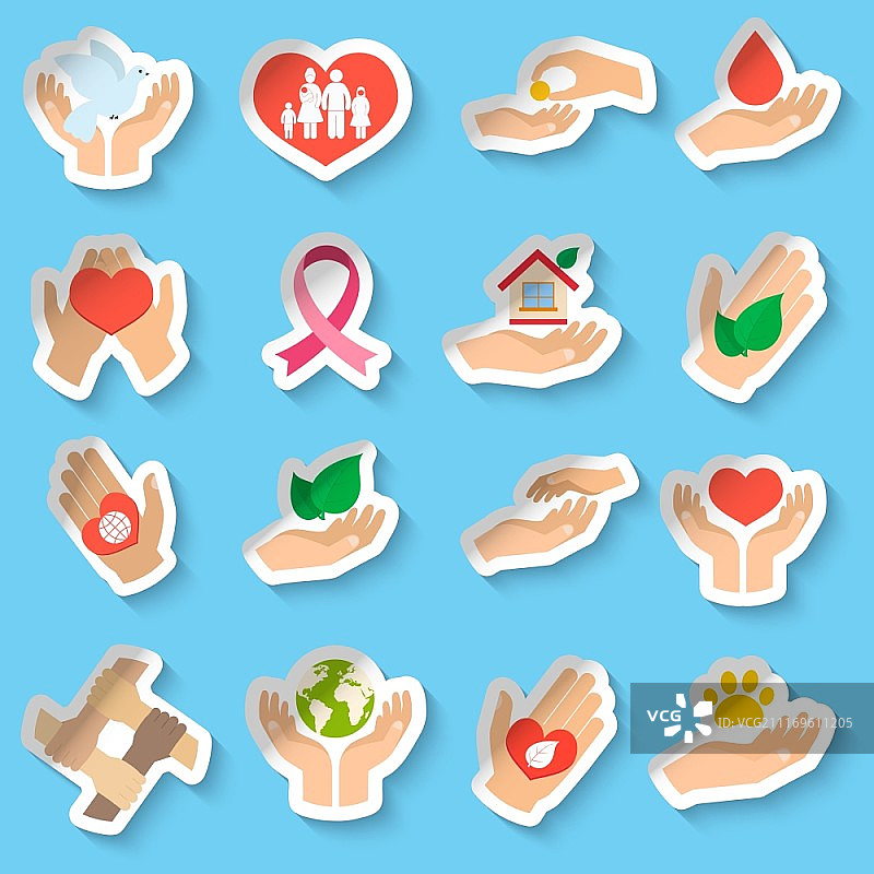 慈善捐赠社会服务标志纸质贴纸套装矢量图图片素材