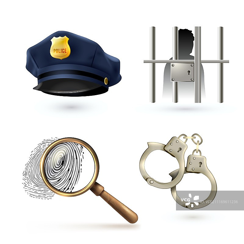 法律公正警察图标集，包含警官帽手铐指纹隔离矢量图图片素材