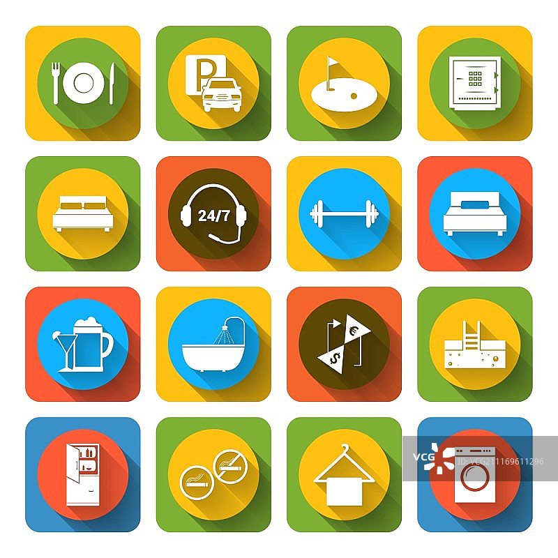 酒店设施及客房服务旅游图标（游泳、按摩、高尔夫和SPA）扁平化设计矢量图图片素材