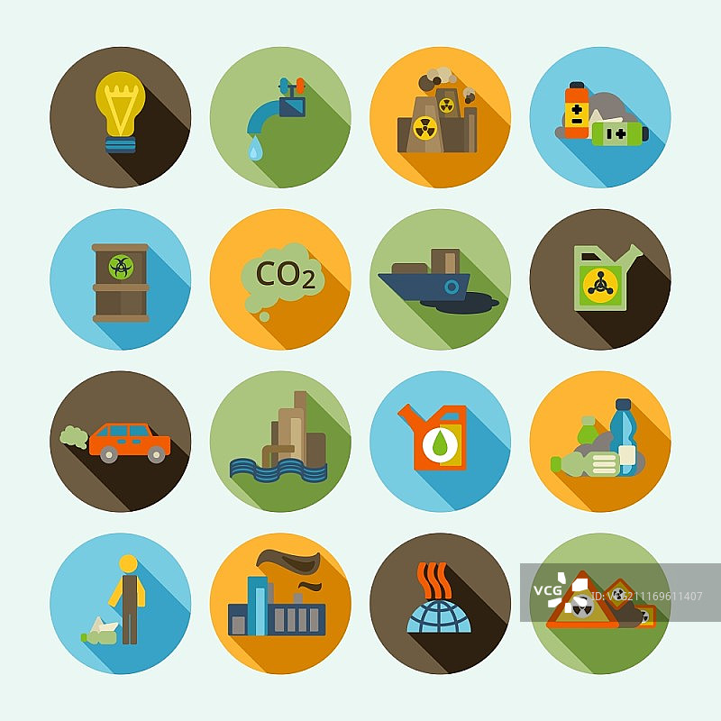 汽车尾气与炼油厂废料热扩散空气污染固体阴影图标集矢量图图片素材